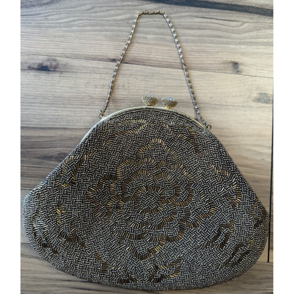 Vintage Hong Kong Beaded Evening Bag Brown Clutch Rhinestone Kiss Lock Chain